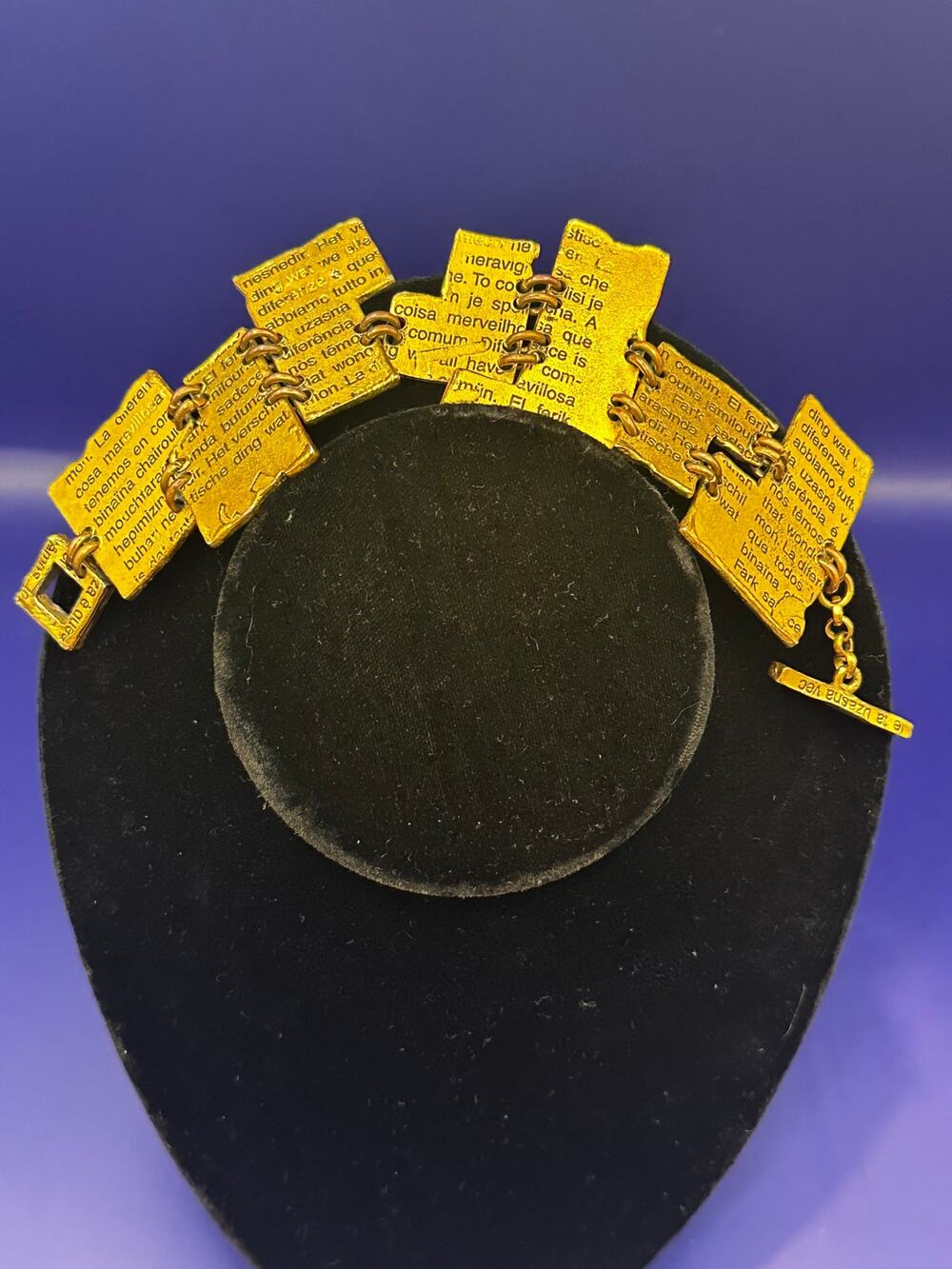 Vintage Danon Israel Gold Tone Multilingual Quote Statement Toggle Bracelet